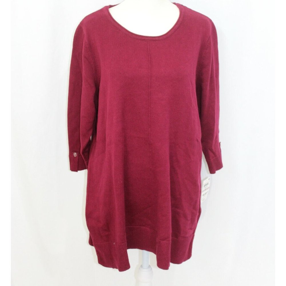 NWT Karen Scott Womens Merlot Red Cotton Seam‎ Front Half Sleeve Sweater 1X